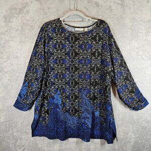 Susan Graver Womens XL Black Blue Top career blouse business casual modest